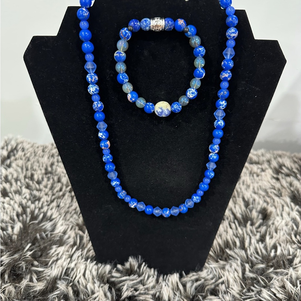 Blue Beaded Necklace and Bracelet Set
